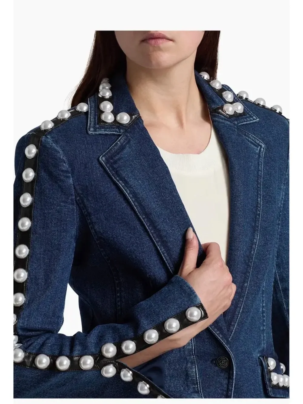 Cinq a Sept Pearl-Trim Dark Blue Denim Blazer - Women - Picture 4 of 5